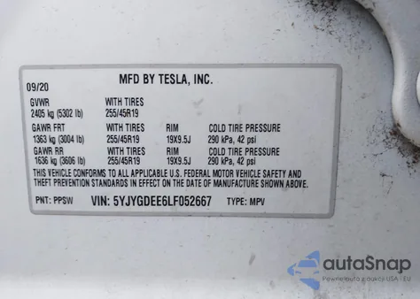 2020 Tesla Model Y Long Range Dual Motor All-Wheel Drive z USA, uszkodzony, nr VIN 5YJYGDEE6LF052667